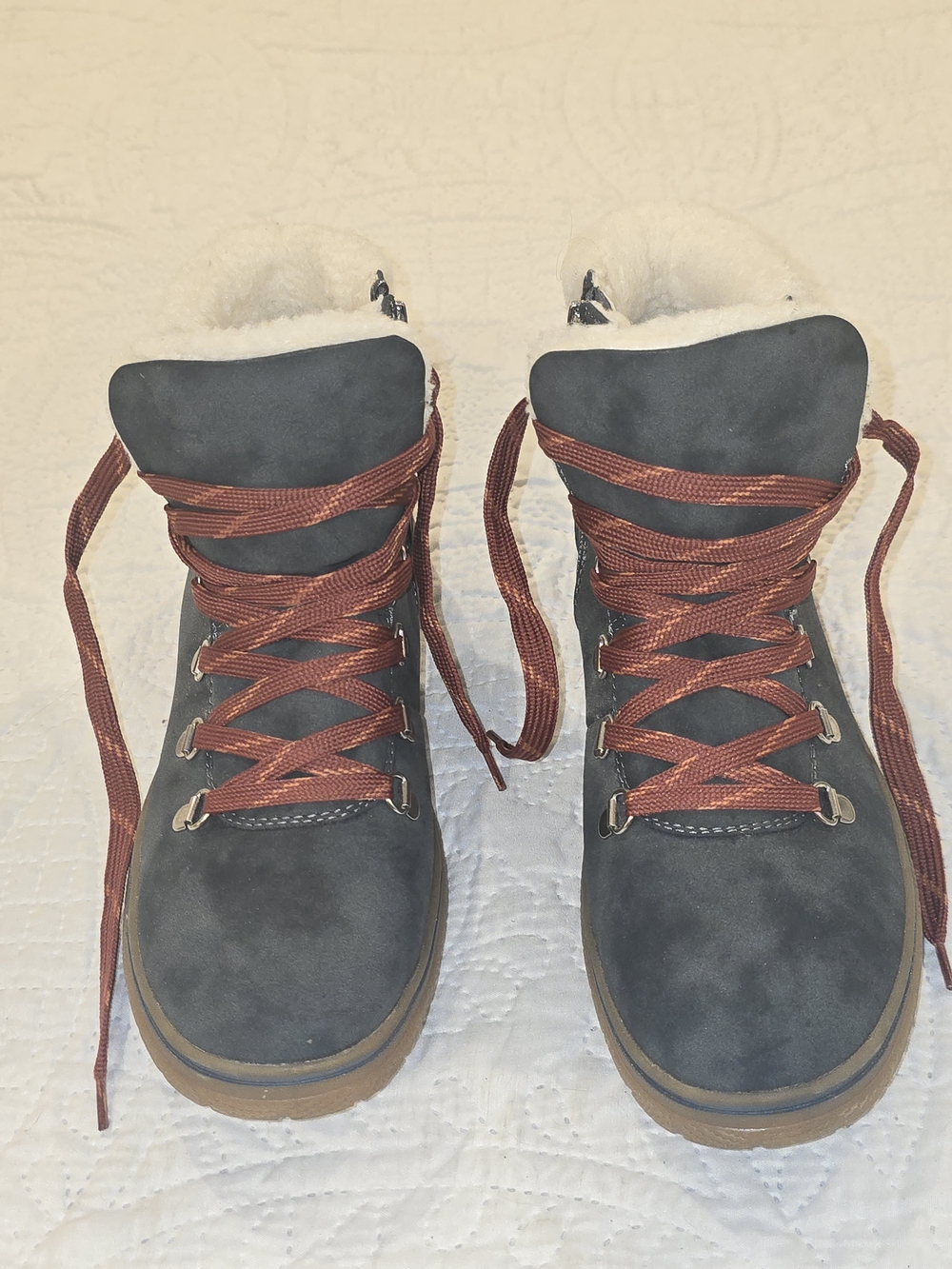 Bjorndahl Blue/Gray Winter Boots With Rust Colored Lace-ups And Cream Sherpa